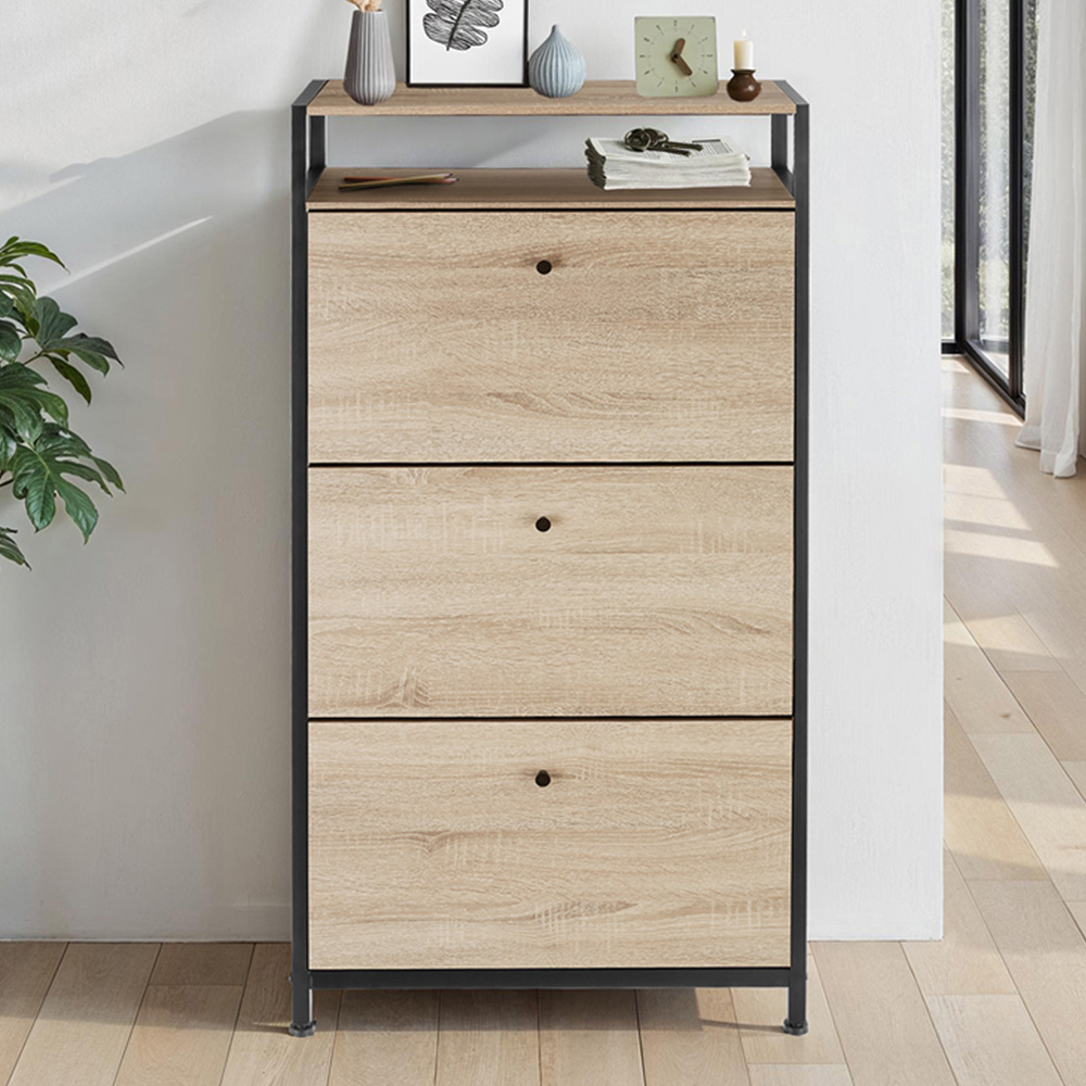 Tectake Single Shelf 3 Tilt Drawer Oak Wood Light Slim Storage Rack 32 x 61cm Image 1