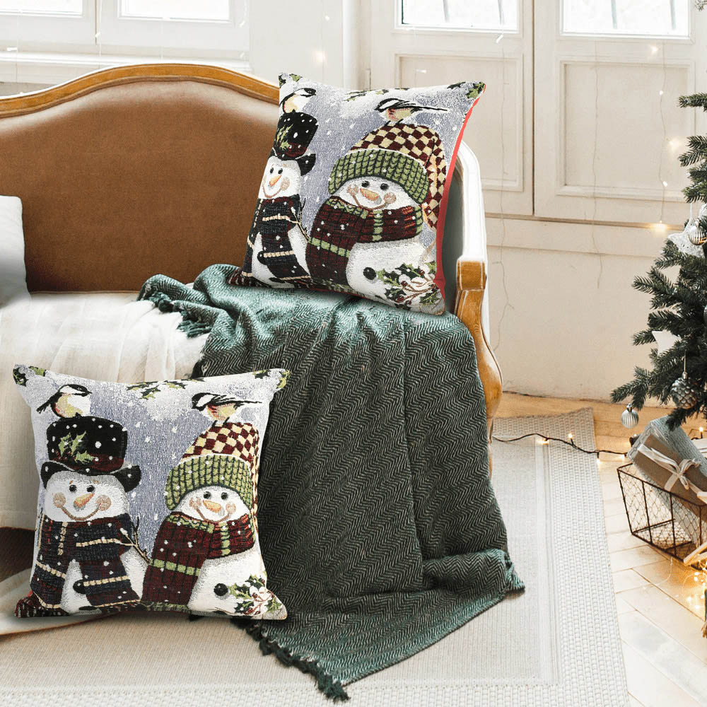 Noel Square Xmas Happy Snowmen Cotton Chenille Cushion Image 3