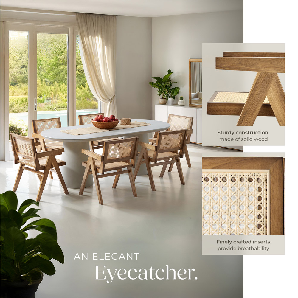 Tectake Lizzy Set of 6 Light Oak Rattan Backrest Dining Chair Image 4