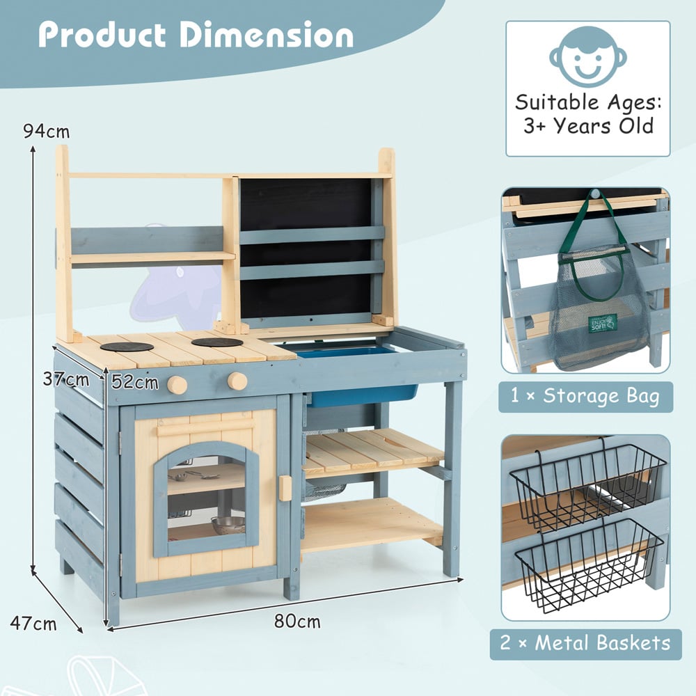 Costway 2-in-1 Kids Outdoor Mud Kitchen with Metal Baskets and Storage Bag Image 8