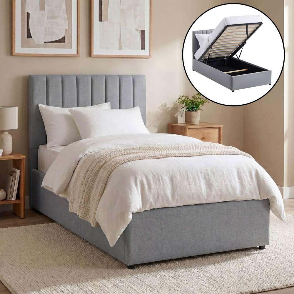 VIDA DESIGNS Vellaro Single Light Grey Linen Fabric Ottoman Bed with Headboard and Mattress Image 5