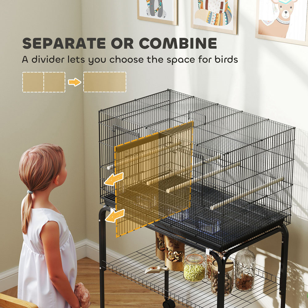 PawHut Black 4 Wooden Perches Bird Cage with Divider and Tray Image 4