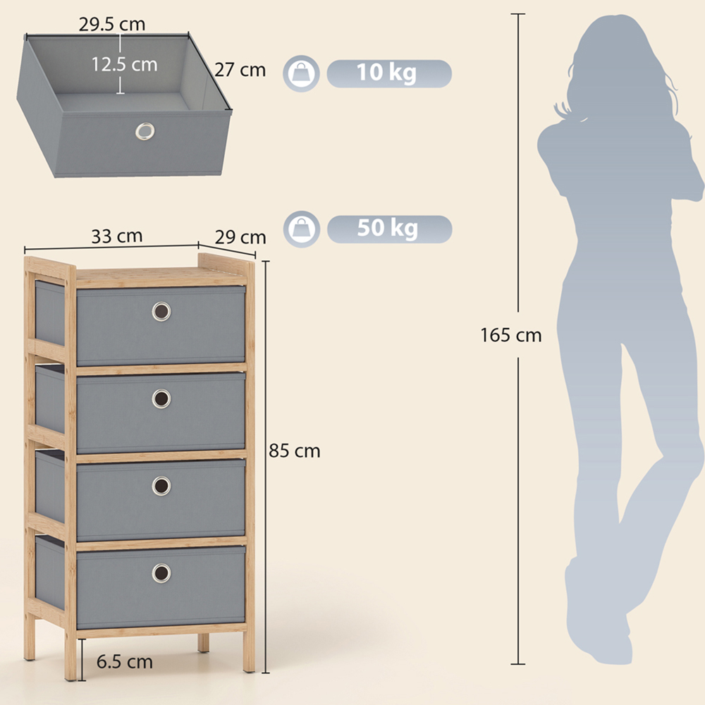 Portland 4 Fabric Drawer Light Grey Bamboo Frame Chest of Drawers Image 9