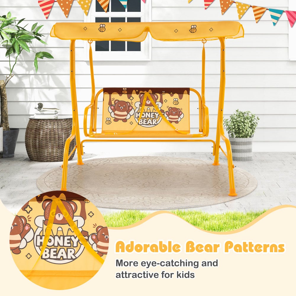 Costway 2 Seater Orange Kids Patio Swing Chair with Adjustable Canopy and Safety Belt Image 6
