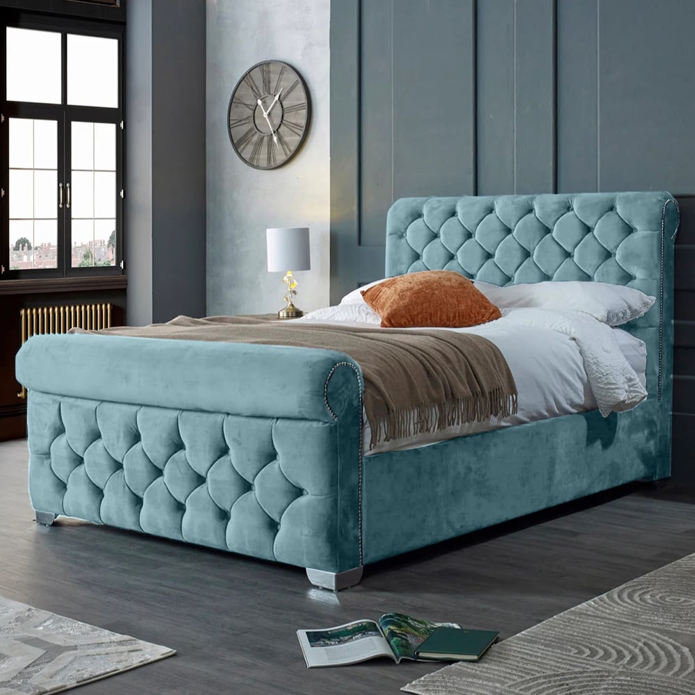 Eleganza Home Veneta Super King Size Duck Egg Plush Velvet Bed Frame with Chesterfield Headboard Image 1