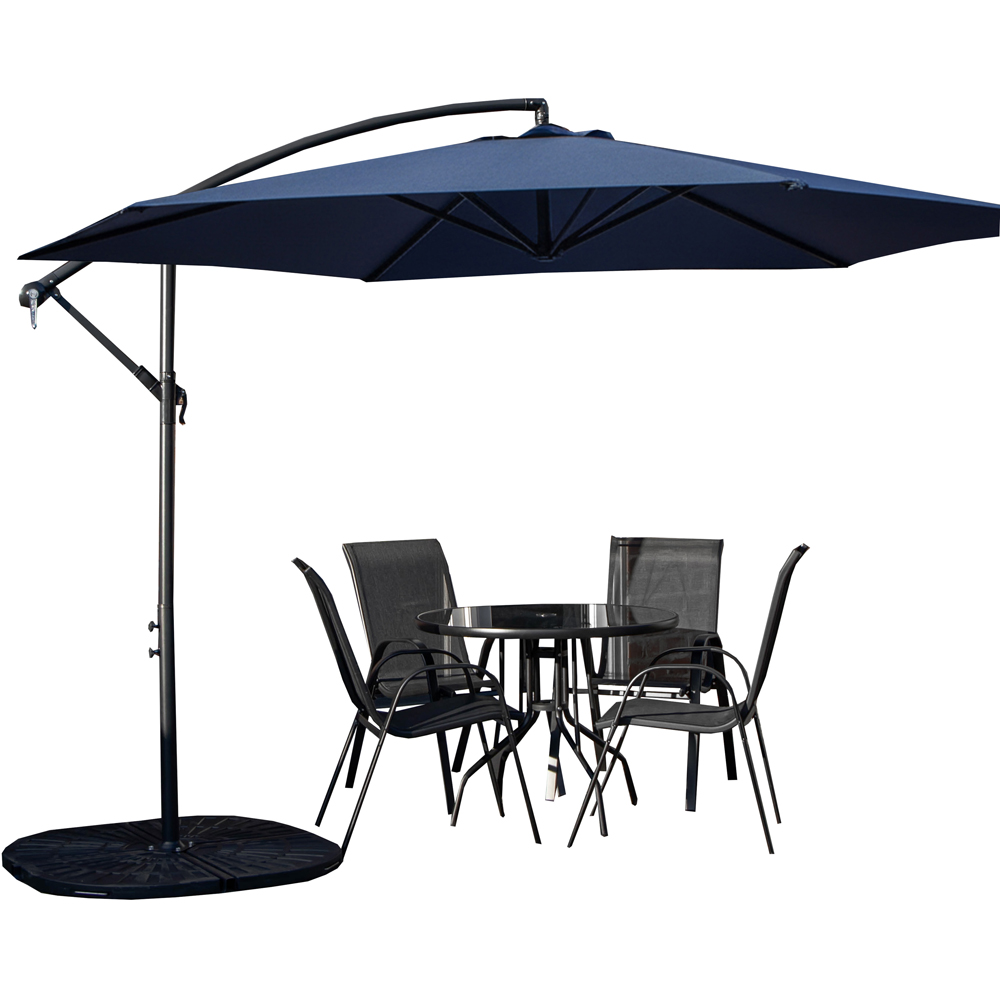 Samuel Alexander 4 Seater Glass Top Stackable Dining Set with Blue Banana Parasol and Base Image 2