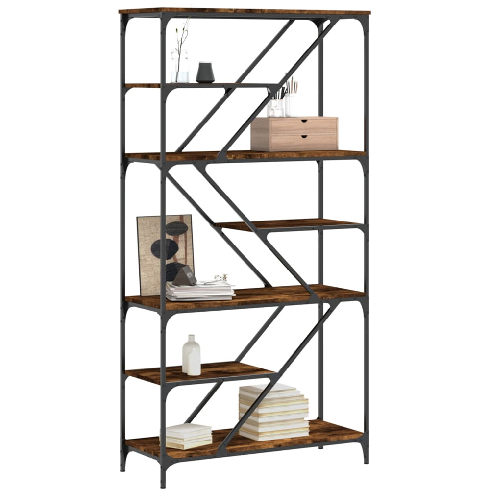 vidaXL 6 Shelf Smoked Oak Wood and Steel Geometric Bookcase Image 3