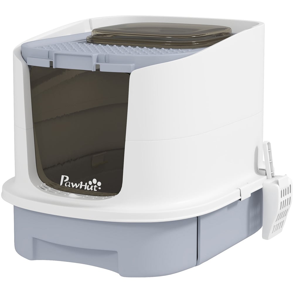 PawHut Grey Hooded Cat Litter Tray with Lid and Scoop Image 1
