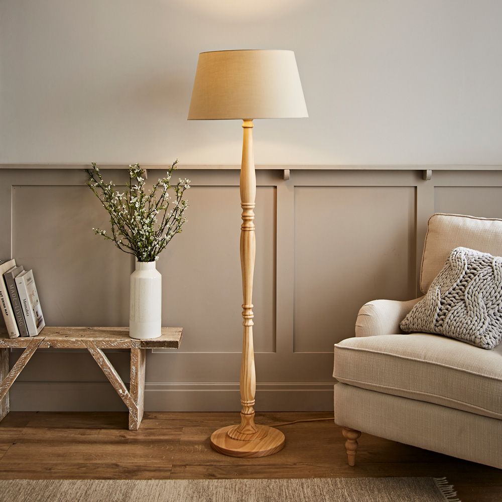 ValueLights Victoria Beige Fabric Tapered Shade Light Wood Traditional Stem LED Floor Lamp Image 7