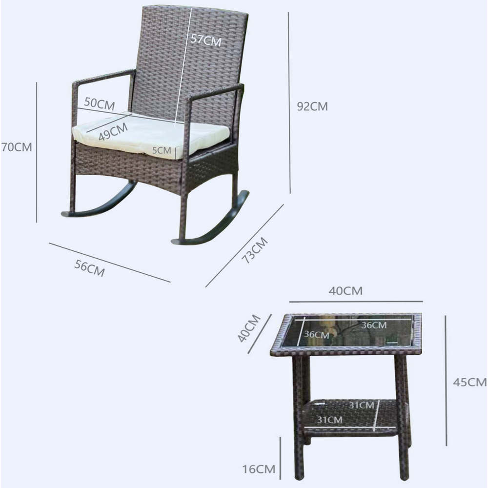 Furniture One 2 Seater Brown Rattan Garden Rocking Bistro Set Image 7