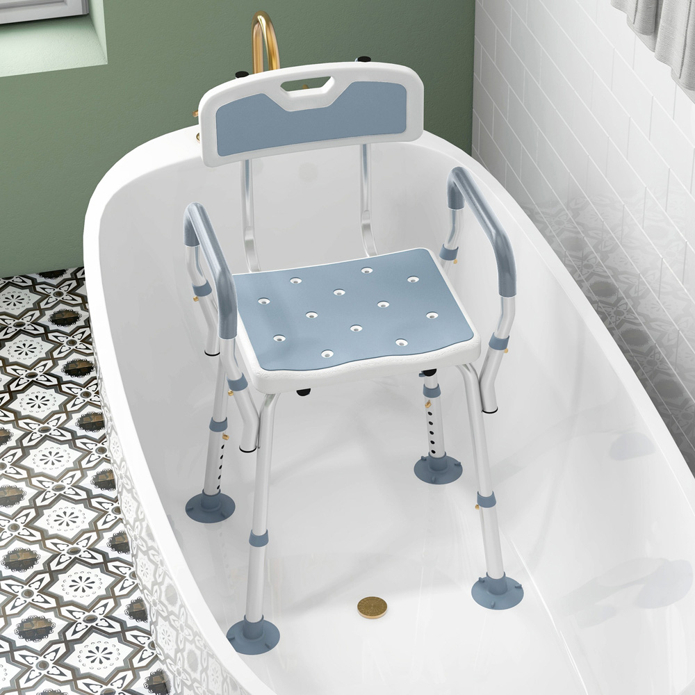 HOMCOM Blue Padded Shower Stool with Back and Arms Image 3
