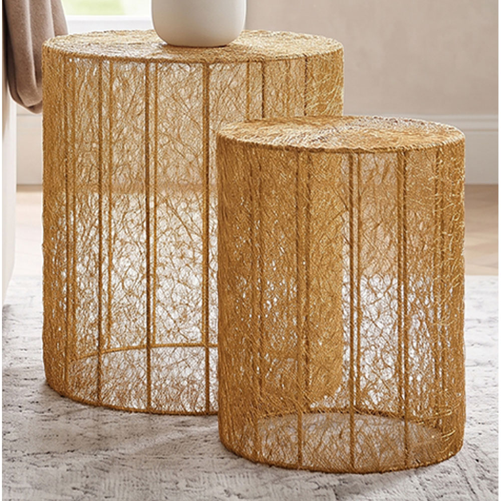 Premier Housewares Templar Gold Finish Mesh Geometric Cage Round Side Table Set of 2 Image 1