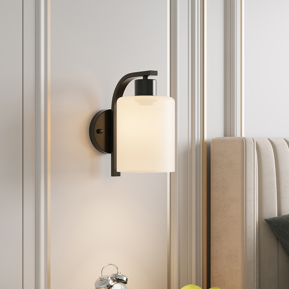 Living and Home White Glass Shade Black E27 Wall Light Image 7