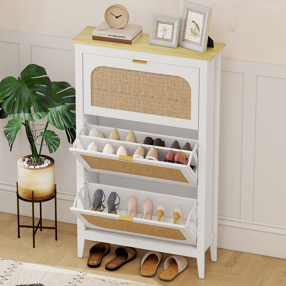 HOMCOM Boho 21 Pair White Rattan Slim Shoe Cabinet Image 3