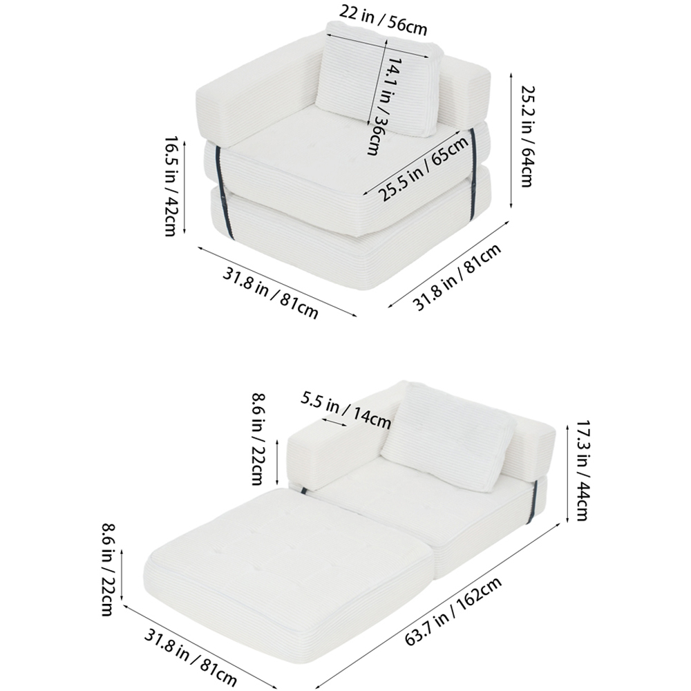 Living and Home Single Seater White Foldable Corduroy Upholstered Sofa Bed Image 9