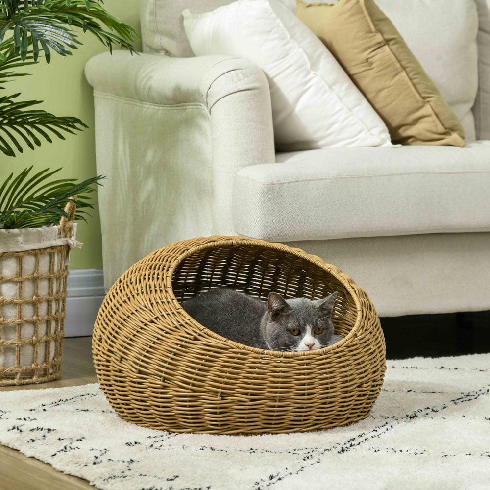 PawHut Light Brown Wicker Cat House Image 2