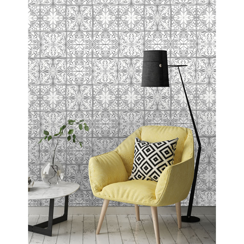 Wilko Wallpaper Oriental Tile Grey Image 3