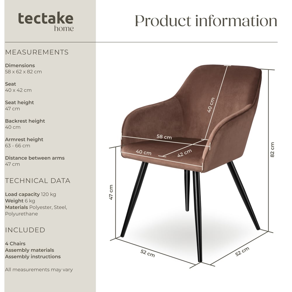 tectake Marilyn Set of 4 Brown and Black Velvet Look Padded Dining Chairs Image 8