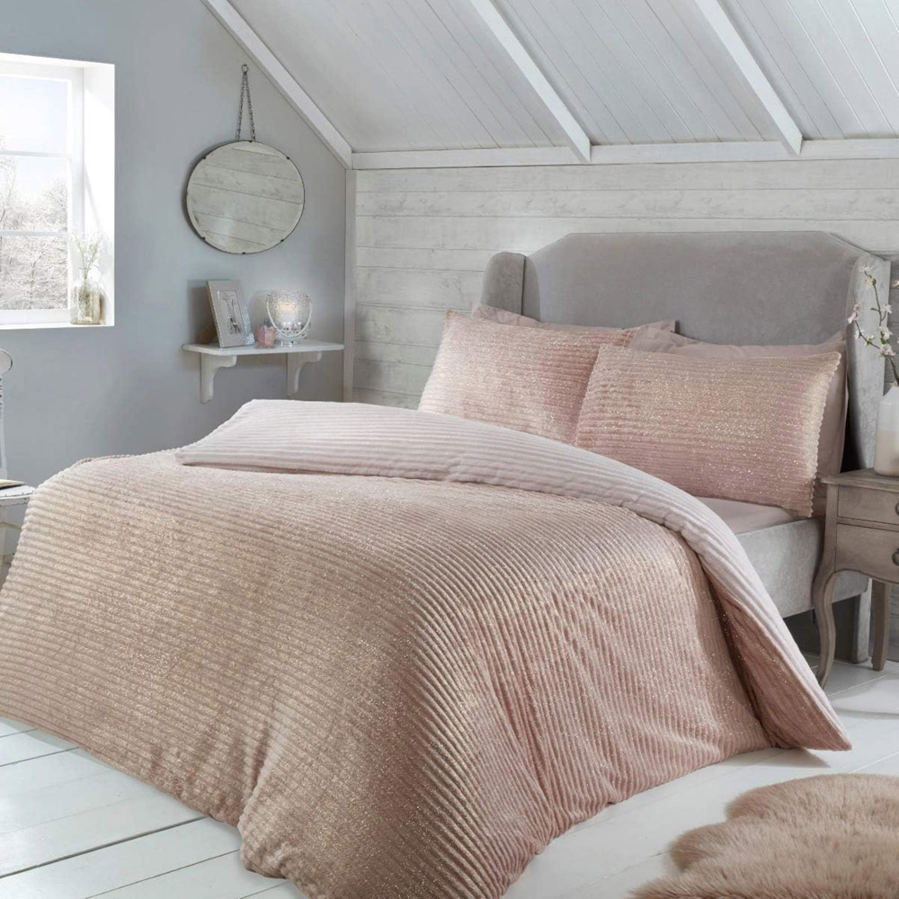 Smart Living Single Blush Pink Sparkle Ribbed Fleece Reversible Duvet Cover Set Image 1