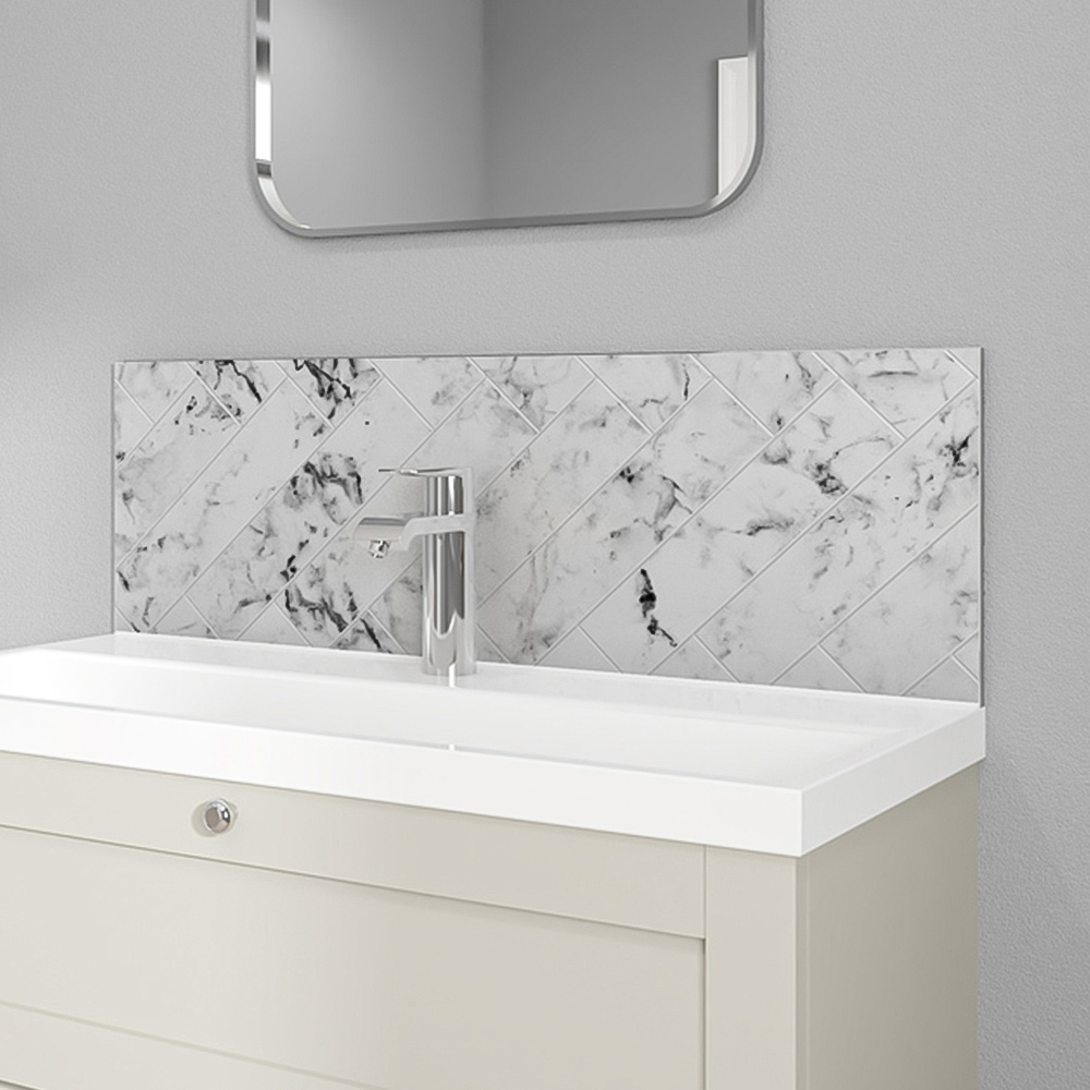 Wetwall Alloy Carrara Marble Herringbone Splashback 800 x 250mm Image 1