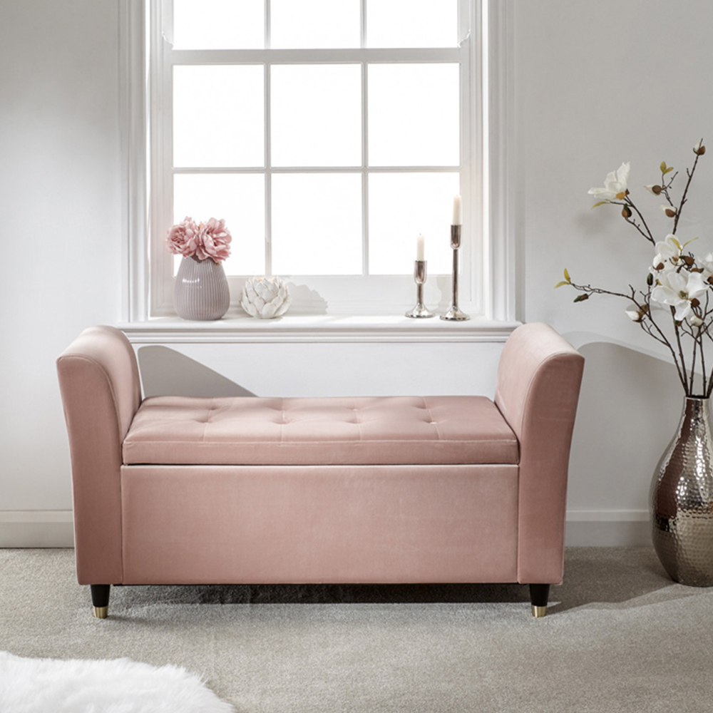 GFW Genoa Blush Pink Upholstered Window Seat With Storage Image 6