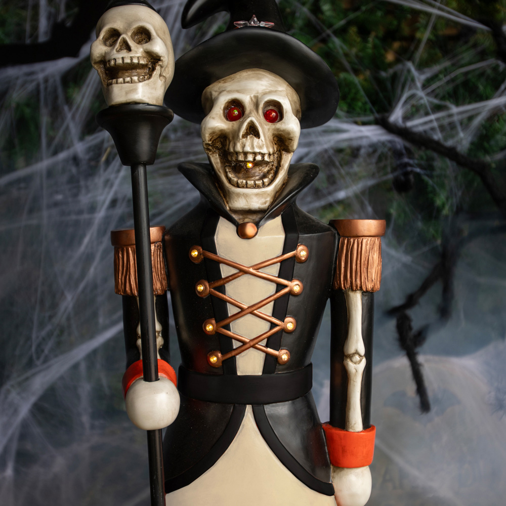 Black and Orange Nutcracker Skeleton with Skull Staff Halloween Decoration 4ft Image 3