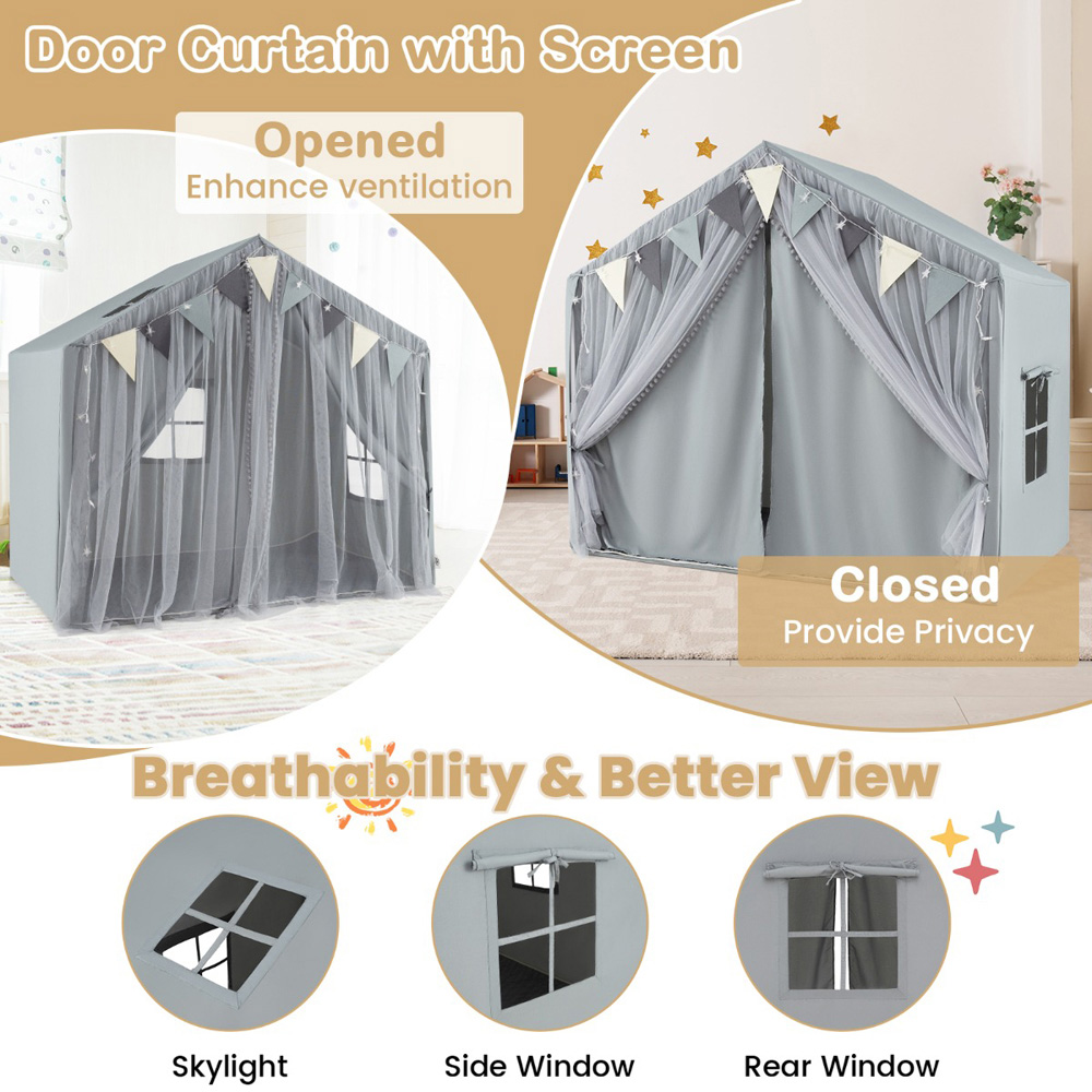 Costway Kids Grey Large Tent House Play Set with Fabric and Screen Curtains Image 4
