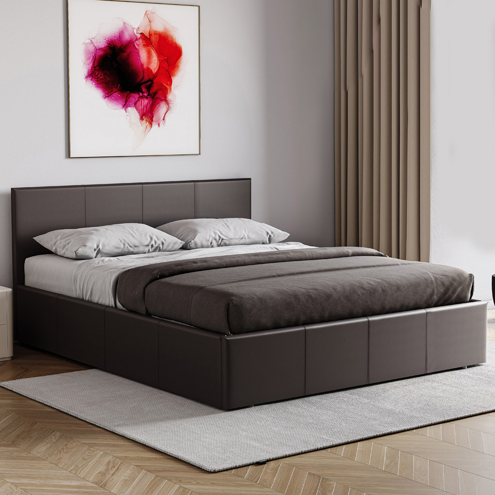 VIDA DESIGNS Lisbon Double Brown Faux Leather Ottoman Bed with Gel Memory Foam Mattress Image 1