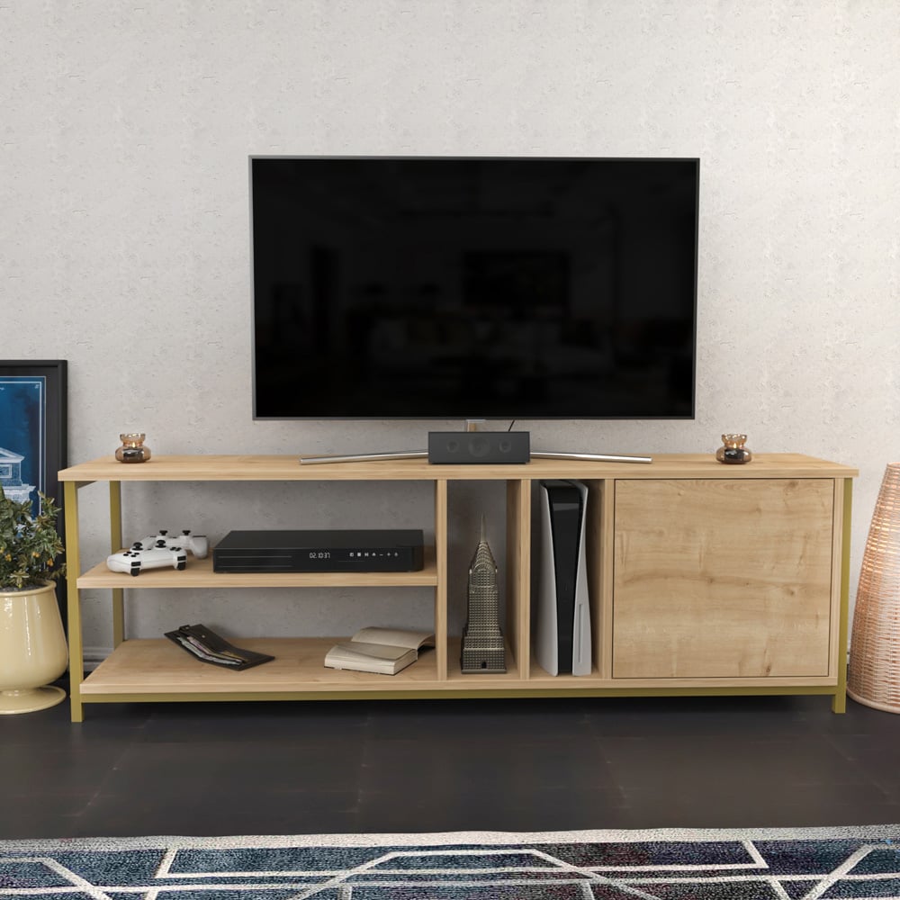 Decorotika Oneida Single Door 4 Shelf Gold and Oak TV Unit Image 4