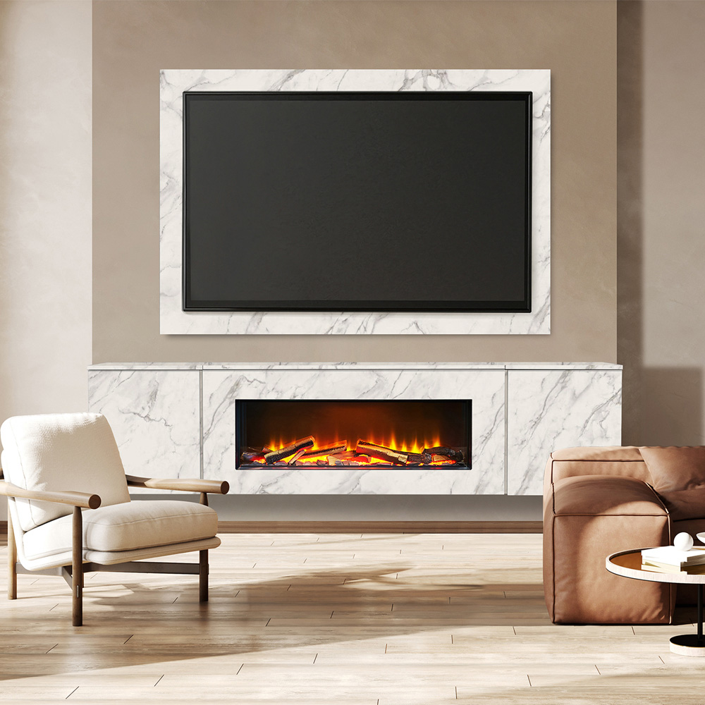 Acantha Orion Carrara White Marble Effect Electric Floating Media Wall with TV Backboard 91 Inch Image 2