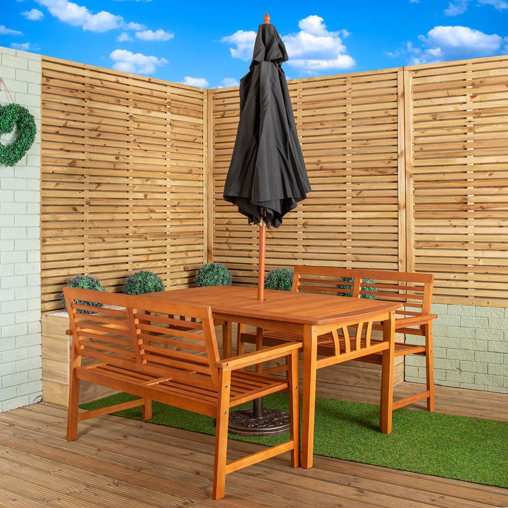 Samuel Alexander 4 Seater Wooden Garden Dining Bench Set with Black Parasol and Base Image 7