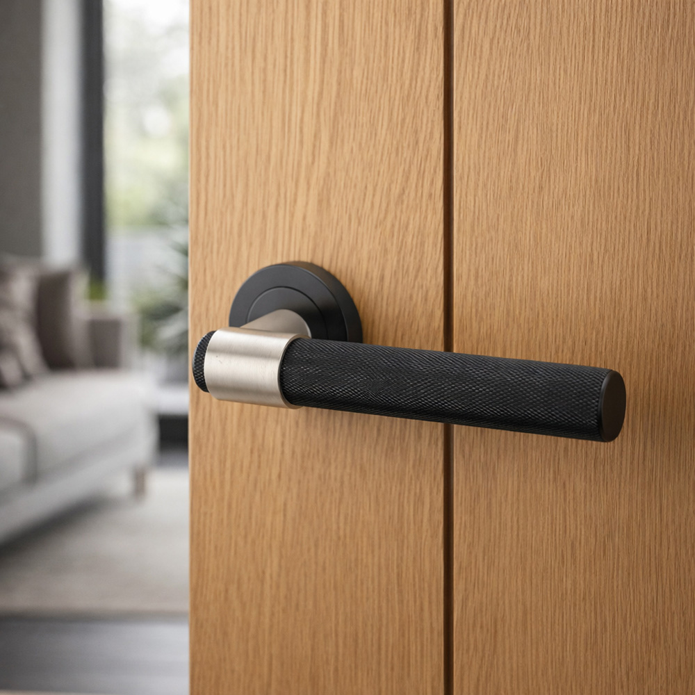 AXS Hardware Dakota Black Knurled Bathroom Door Handle on Rose Image 2