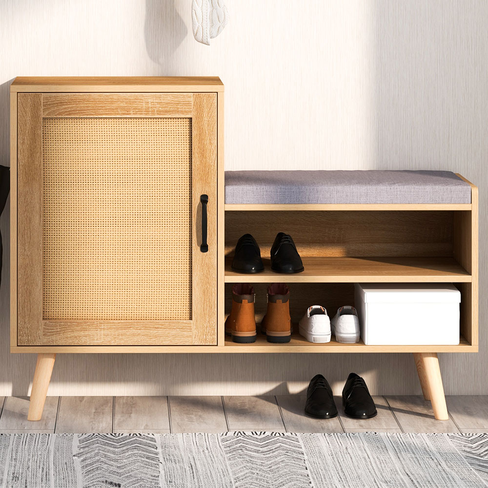 Costway Single Door 2 Shelf Natural Rattan Shoe Cabinet Bench Image 1