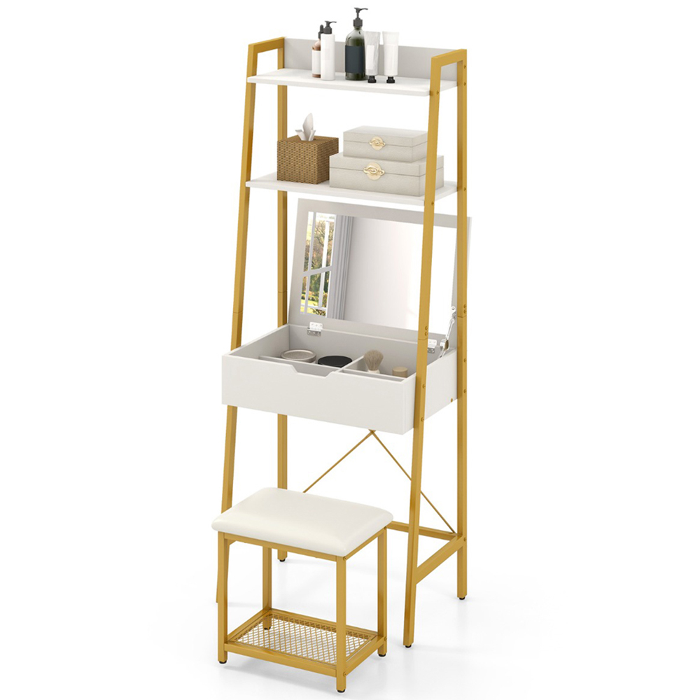 Costway 2 Shelf Golden Vanity Dressing Table Set with Flip Top Mirror Image 3