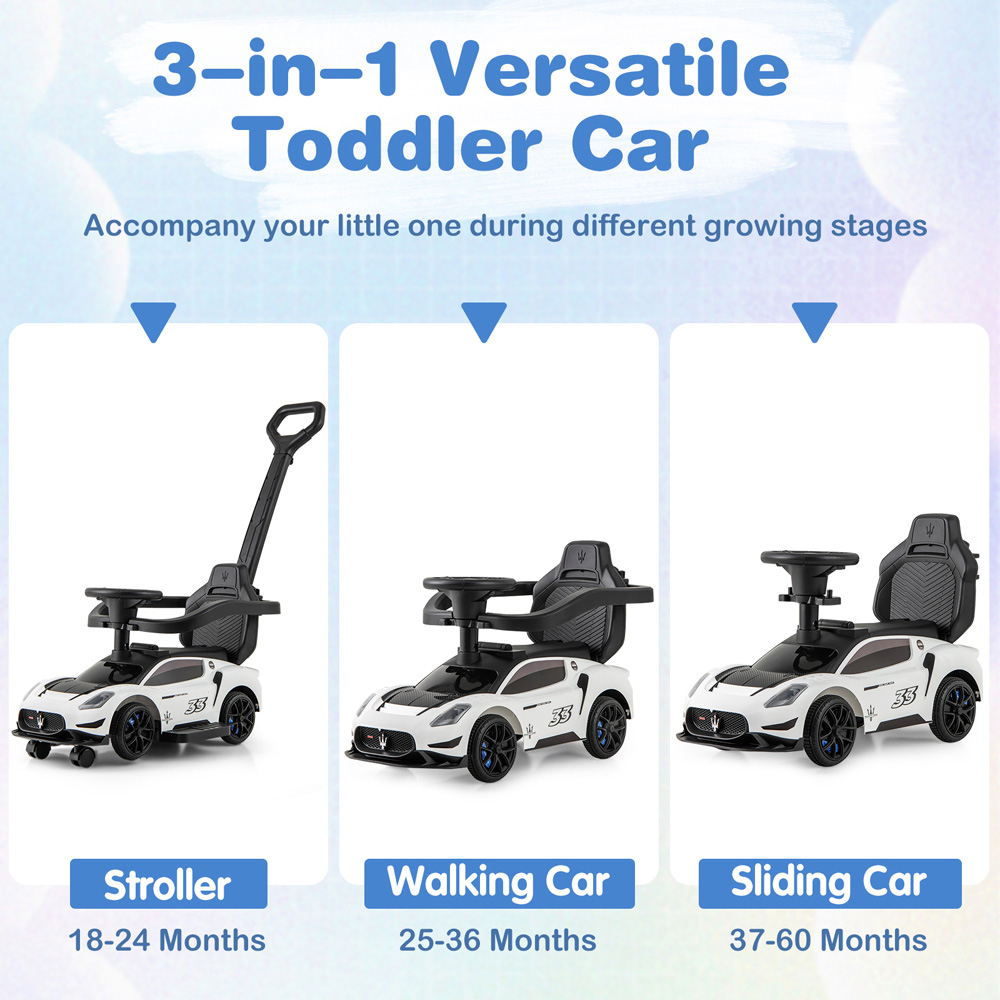 Costway 3-in-1 Kids White Licensed Maserati Ride On Push Car with Music Steering and Guardrail Image 5