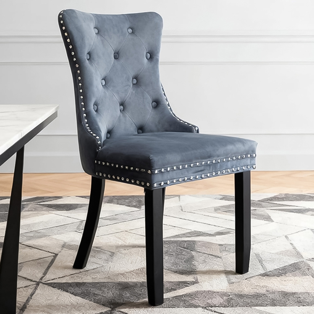 Alivio Set of 2 Grey Velvet Nailhead Trim Tufted Dining Chairs Image 1