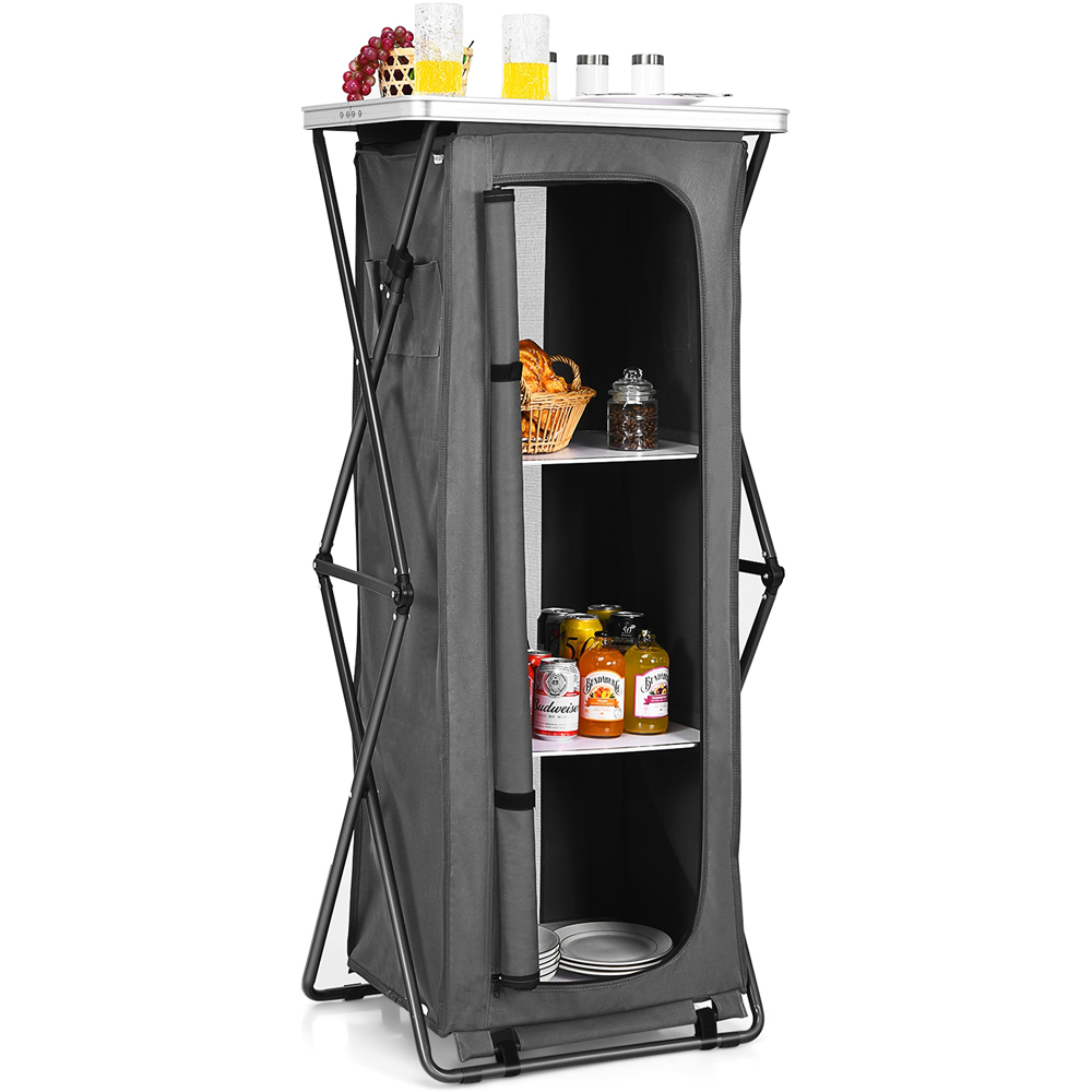 Costway 3 Shelf Grey Foldable Camping Storage Cabinet with Carry Bag Image 3