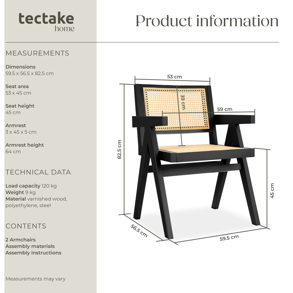 tectake Lizzy Set of 2 Black Rattan Backrest and Wood Frame Dining Chair Image 9