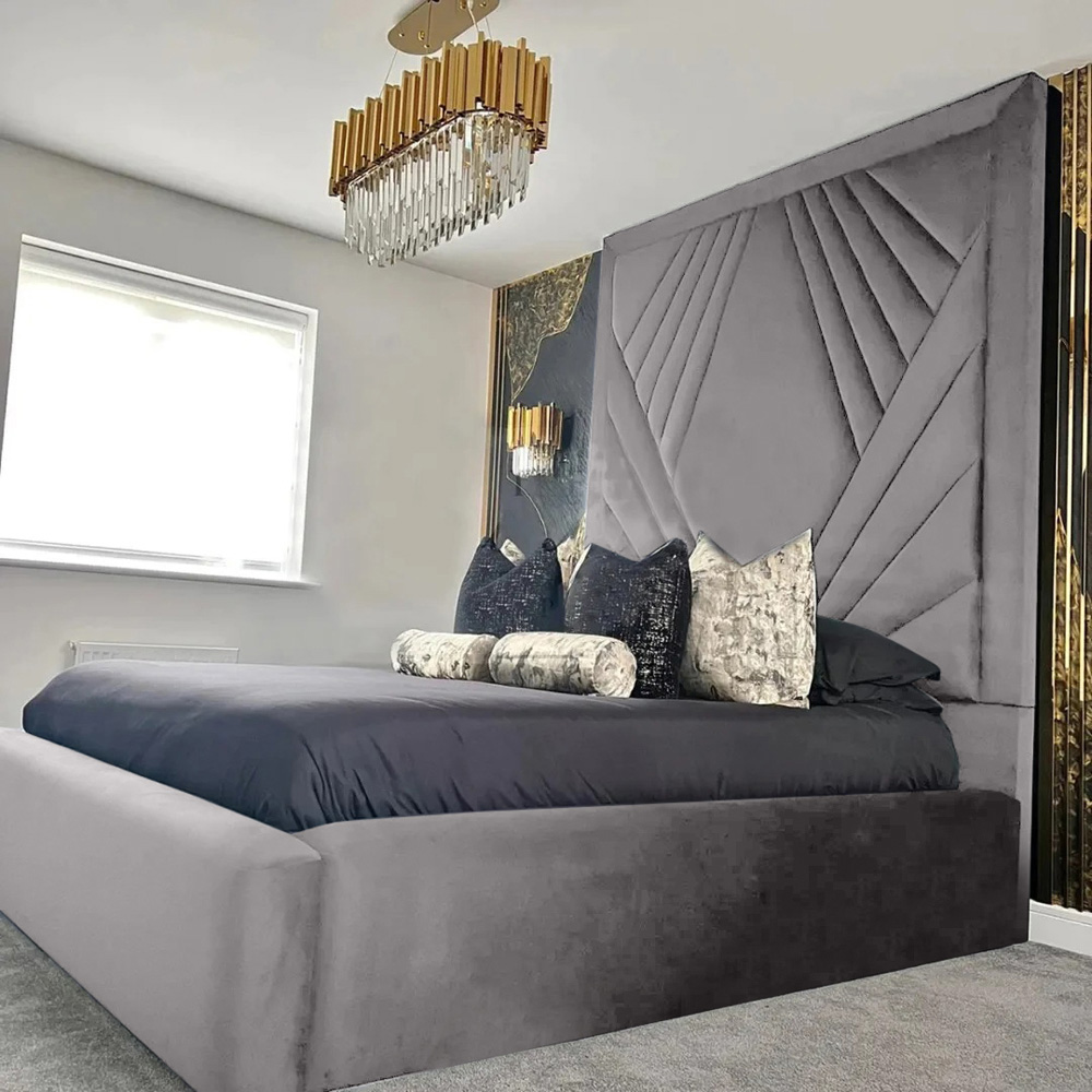 Eleganza Home Solia Double Silver Plush Velvet Bed Frame with Headboard Image 1