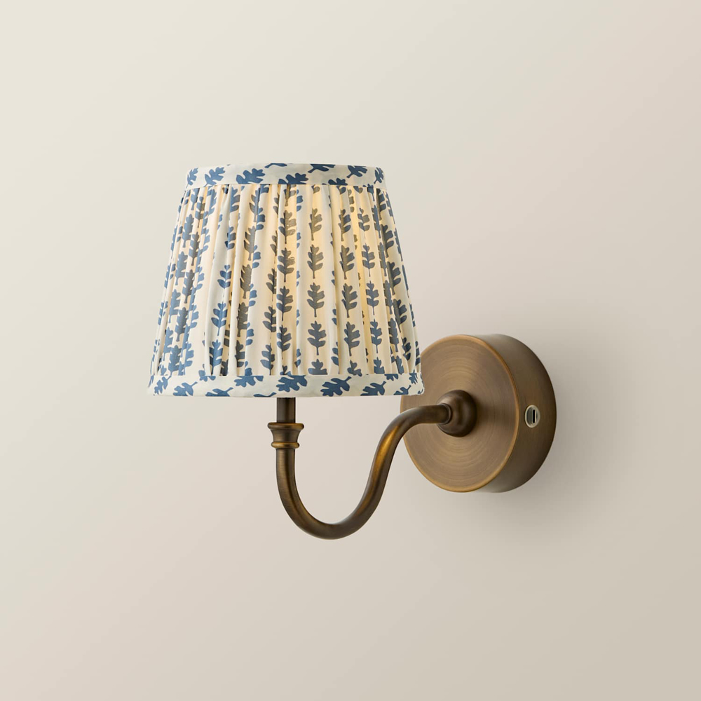 ValueLights Lowe Blue Ditsy Floral Pleated Shade Brass Rechargeable Wall Light with Bulb Image 3
