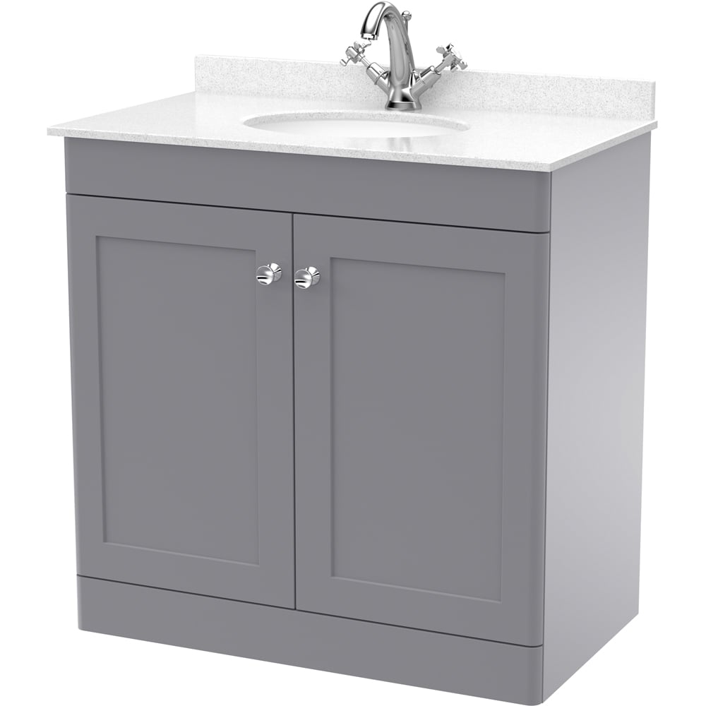 nuie Classique 2 Door Satin Grey Floor Standing Unit and 1 Tap Hole Marble Top Oval Basin 800mm Image 1