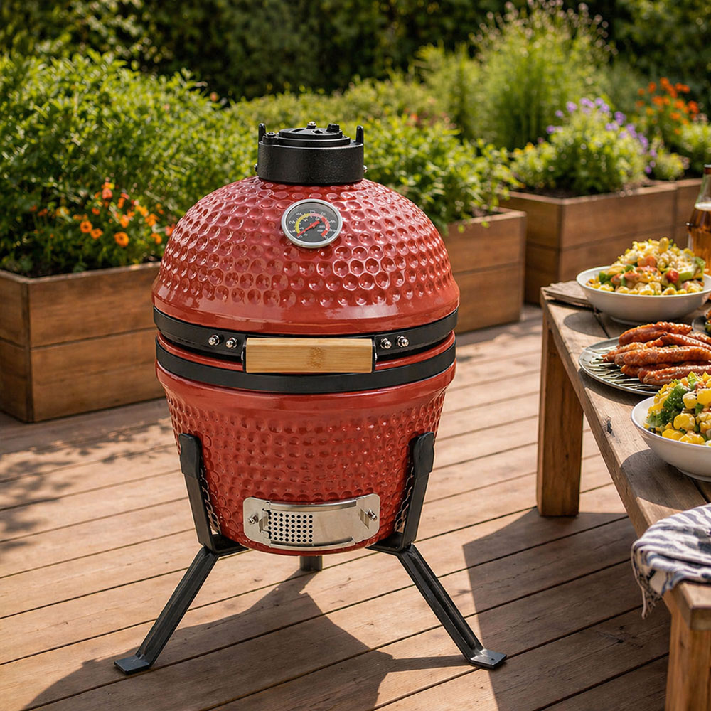 Neo Kamado Red Portable Ceramic 13 inch Mini BBQ Grill Smoker with Stand Image 4