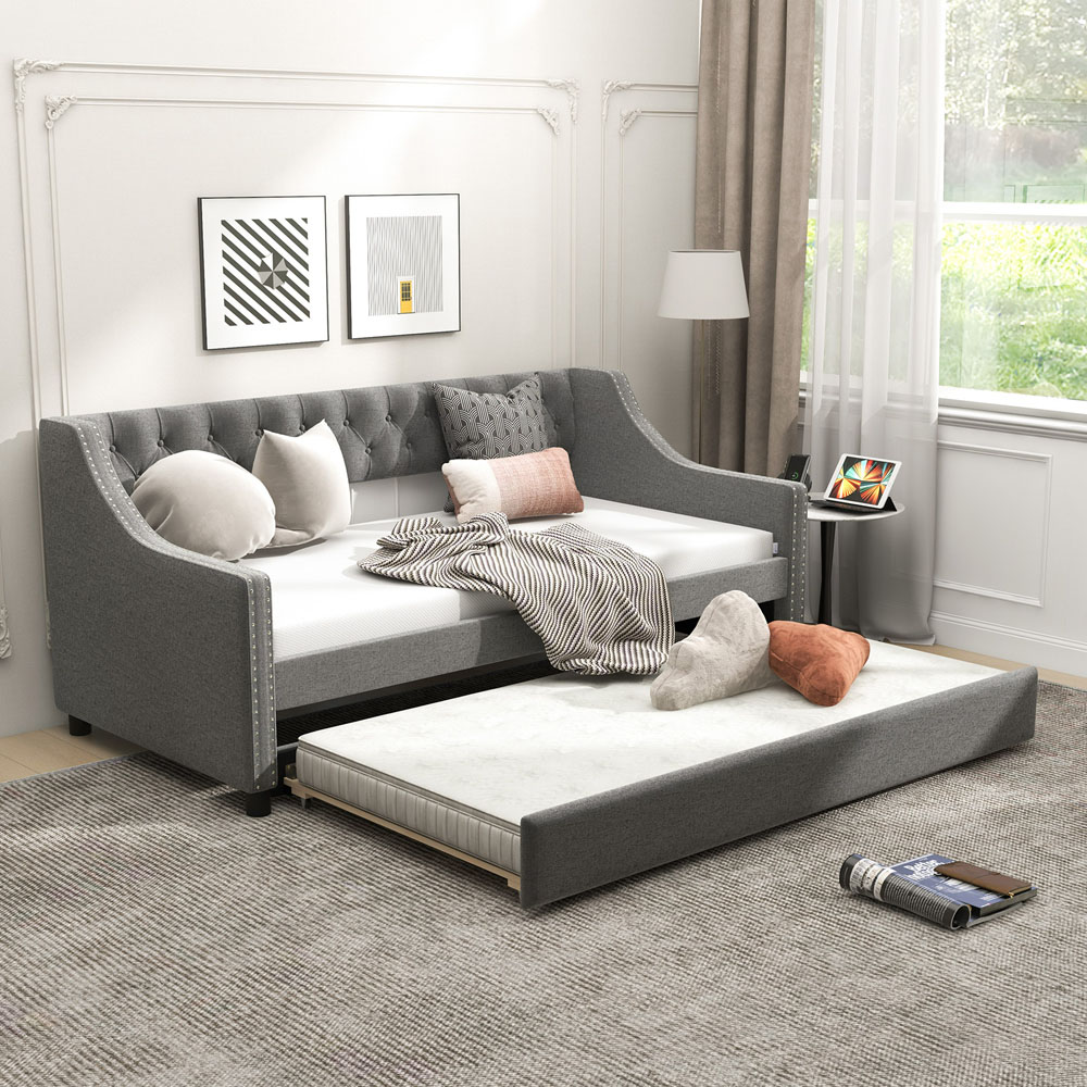 Costway Single Grey Linen Trundle Bed with Backrest Image 4