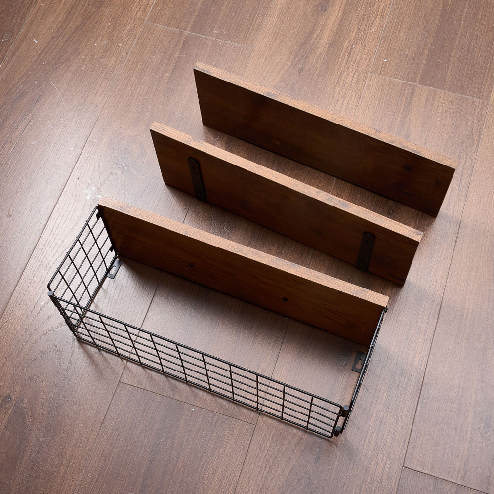 Living and Home 3 Shelf Wooden Wall-Mounted Floating Shelf with Wire Basket Image 8
