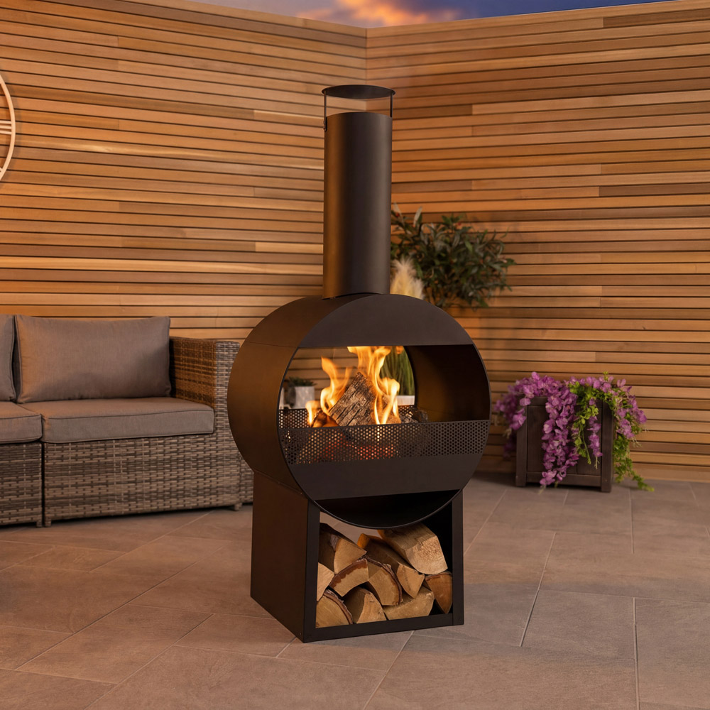 Charles Bentley Snug Sao Paul Black Powder Coated Steel Modern Chimenea with Poker and Log Storage Image 6
