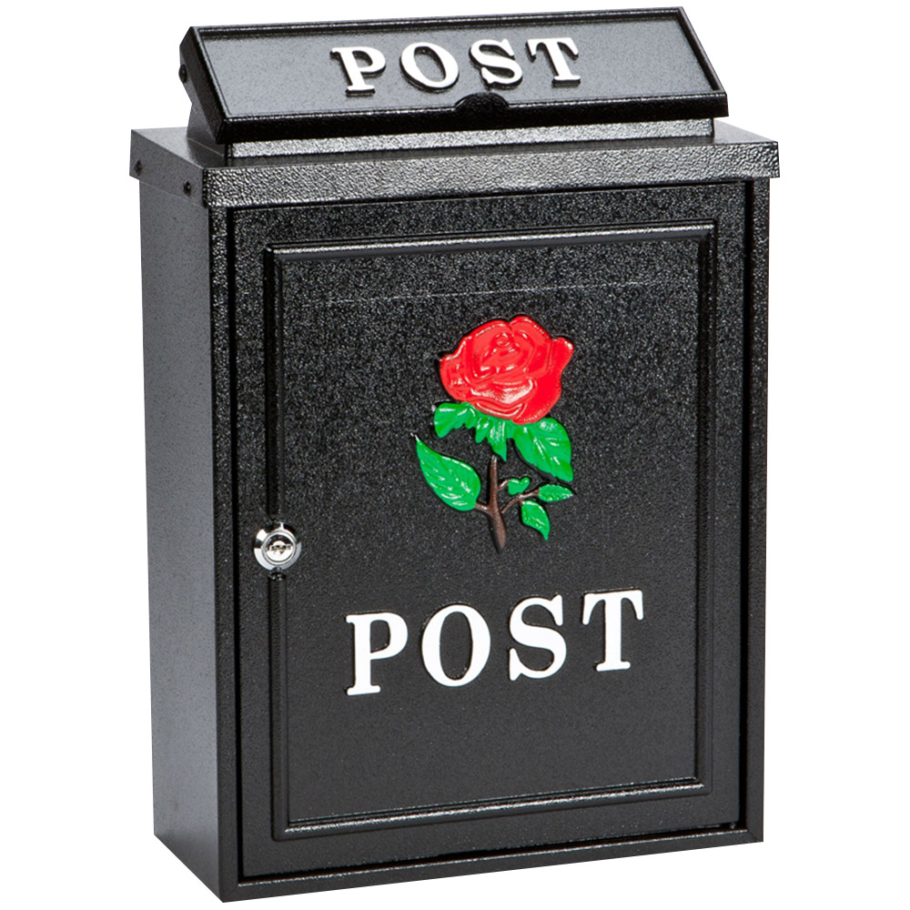 Arboria Garden Decor Black and Red Rose Cast Aluminium Post Box Image 1