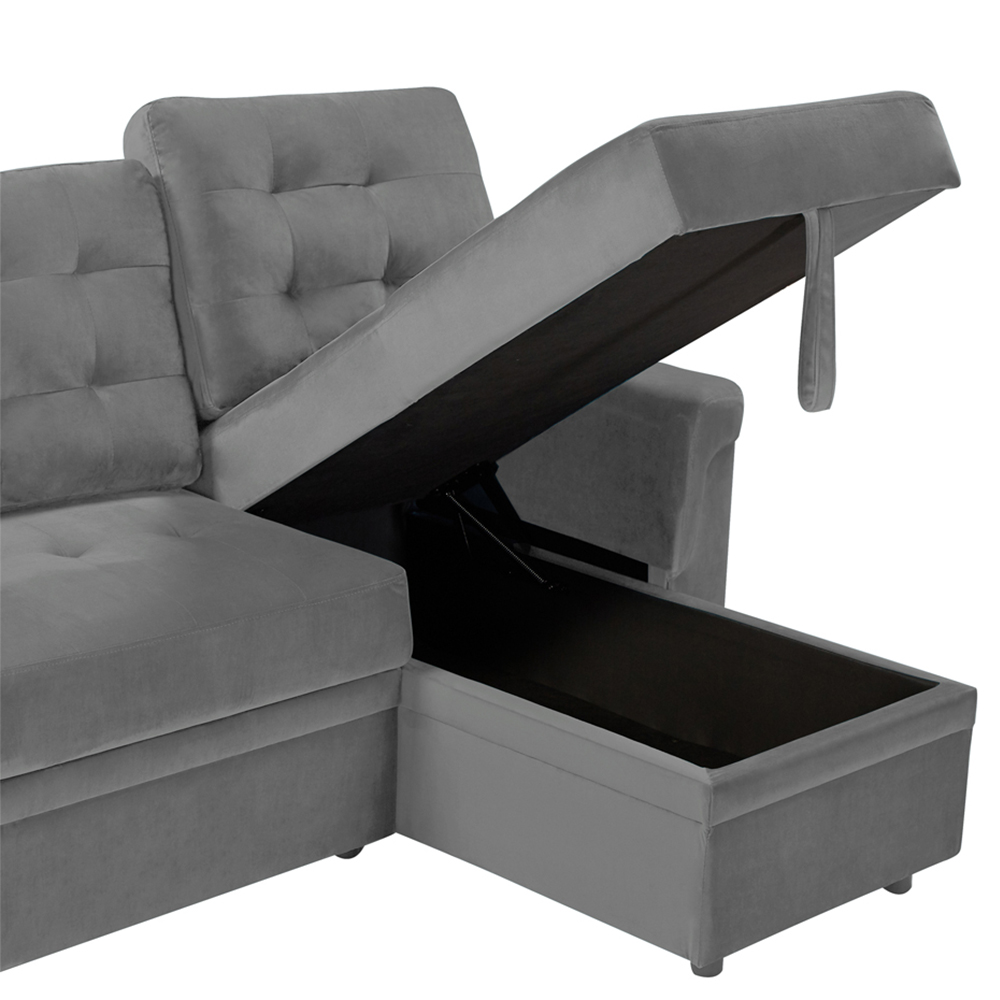 Furniture One 3 Seater Grey Velvet Corner Storage Sofa Bed Image 6