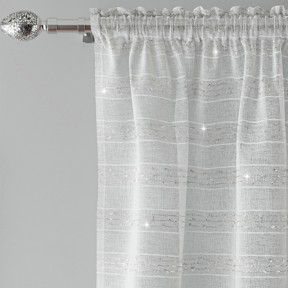 Tyrone Textiles Lima Silver Metallic Lurex Stripe Rod Pocket Voile Panel Curtains 140 x 122cm Image 2