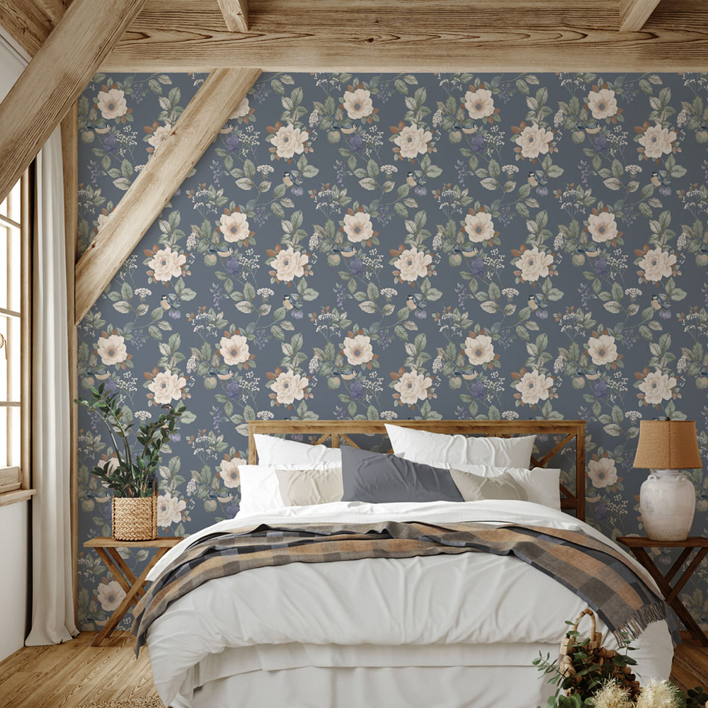 Belgravia Decor Bramble Floral Motif Blue Wallpaper Image 3