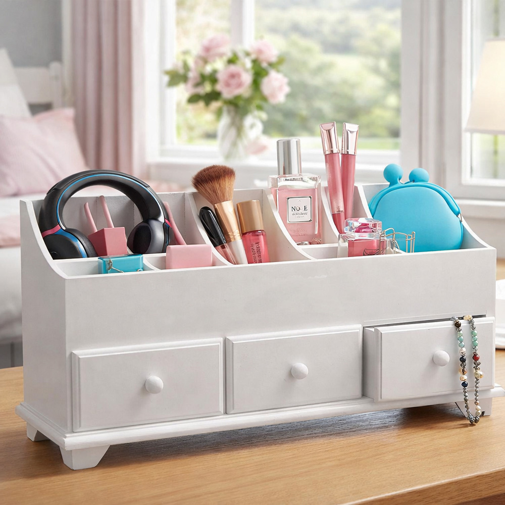 Avilo 3 Drawer 13 Shelf White Wooden Cosmetic Cabinet Image 5